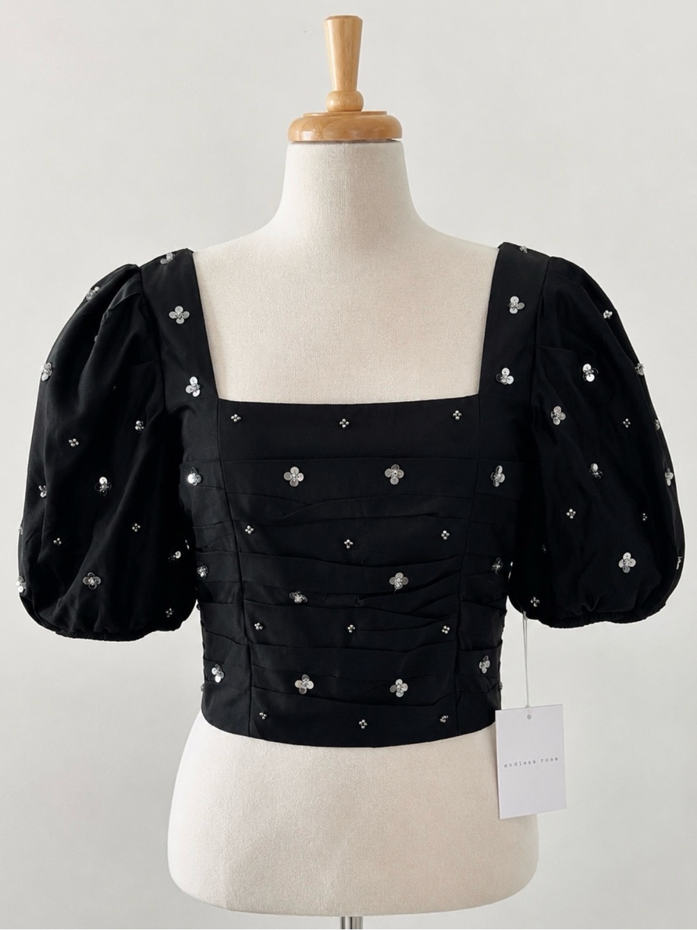 Endless Rose Black Puff-Sleeve Sequin Crop Top